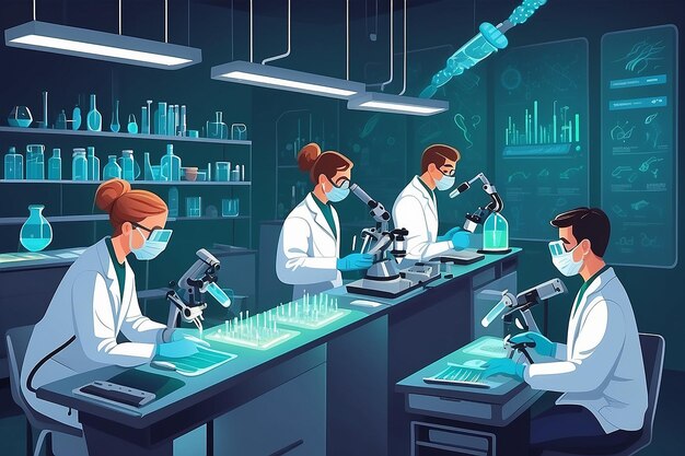 Ilustrar un laboratorio de biología con estudiantes que estudian ingeniería genética y tecnología CRISPR ilustración vectorial en estilo plano