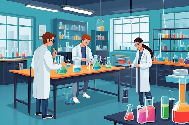 Ilustrar un laboratorio de química con estudiantes que llevan a cabo experimentos sobre las propiedades de los nanomateriales