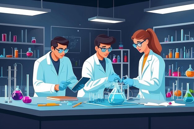 Ilustrar un laboratorio de química con estudiantes que llevan a cabo experimentos sobre las propiedades de los nanomateriales