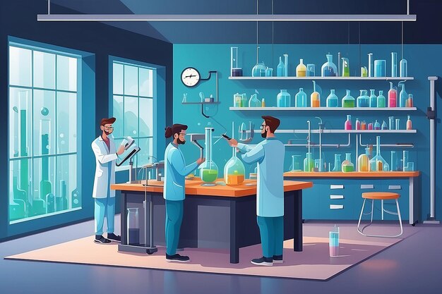 Ilustrar un laboratorio de química con estudiantes que llevan a cabo experimentos sobre las propiedades de los nanomateriales