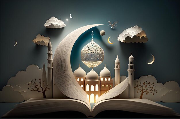 ilustrar un libro abierto con una mezquita y una luna en la parte superior