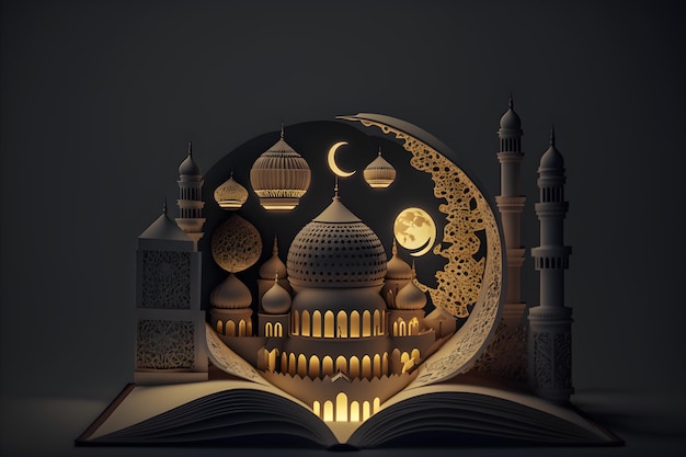 ilustrar un libro abierto con una mezquita y una luna en la parte superior