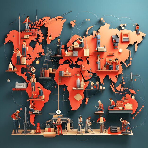 Foto ilustrar un mapa global salpicado de escenas de trabajadores de todo el mundo celebrando el día del trabajo