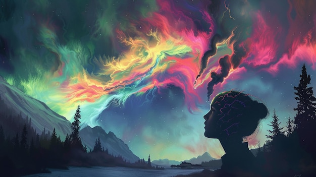 Ilustrar las ondas cerebrales que emanan de la cabeza de un pensador formando una aurora de energía creativa vibrante en el cielo