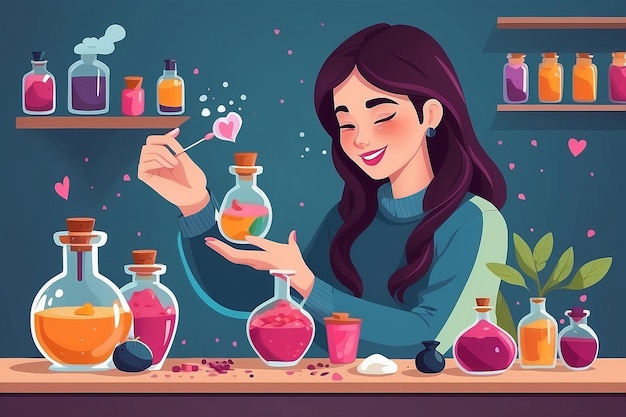 Ilustrar a una persona que crea una poción de amor propio con ingredientes positivos