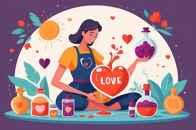 Ilustrar a una persona que crea una poción de amor propio con ingredientes positivos