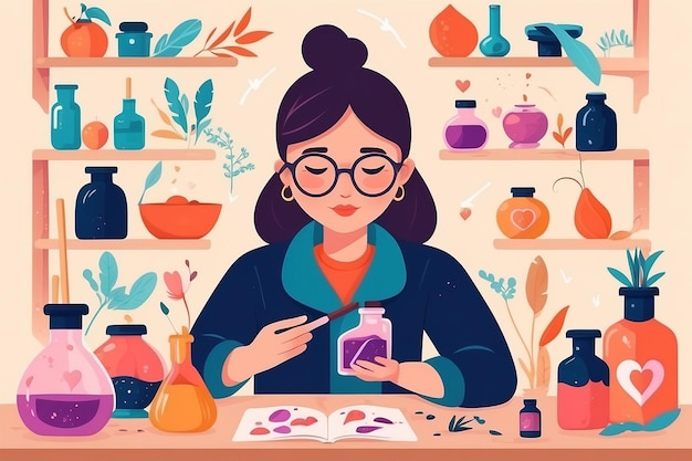 Ilustrar a una persona que crea una poción de amor propio con ingredientes positivos