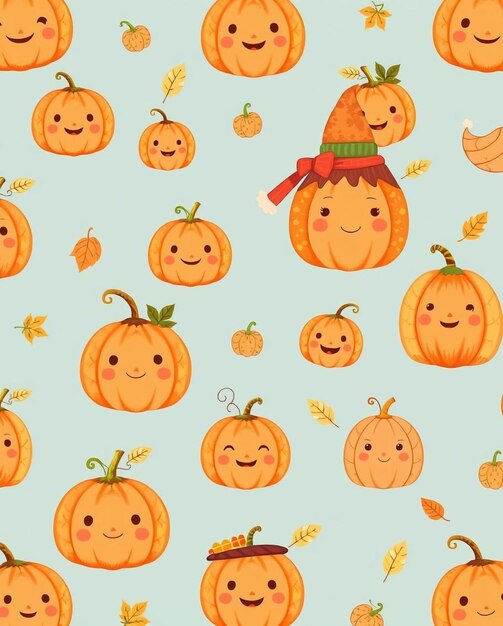 Ilustrar personajes de calabaza lindo con caras amigables bufandas y sombreros para el otoño