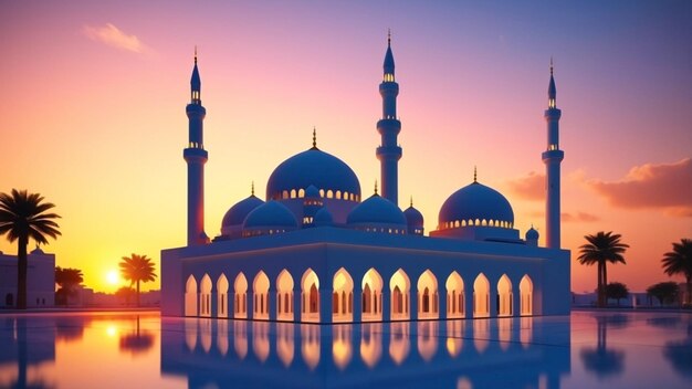 Ilustrar un pop-up 3D de una mezquita al atardecer