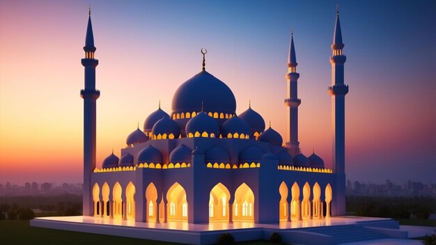 Ilustrar un pop-up 3D de una mezquita al atardecer