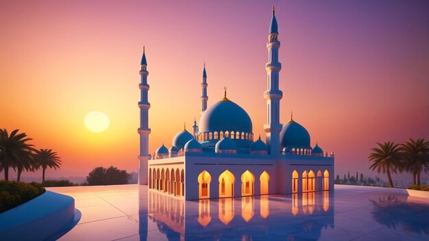 Ilustrar un pop-up 3D de una mezquita al atardecer