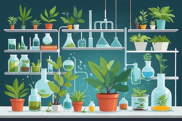 Ilustrar una sección del laboratorio dedicada a los estudios ambientales con plantas y modelos ecológicos Ilustración vectorial en experimentos de estilo plano