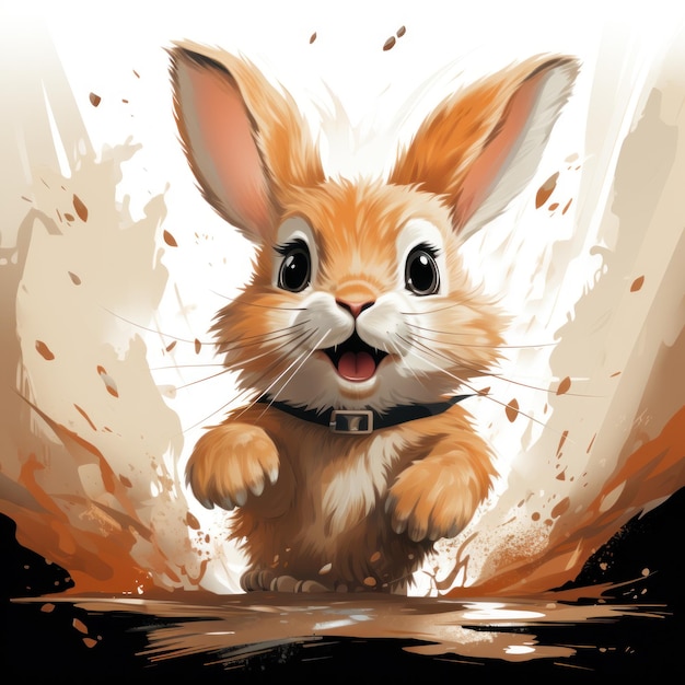 Ilustrar um coelho alegre pulando com excitação contra um fundo branco para uma camiseta bonita e feliz