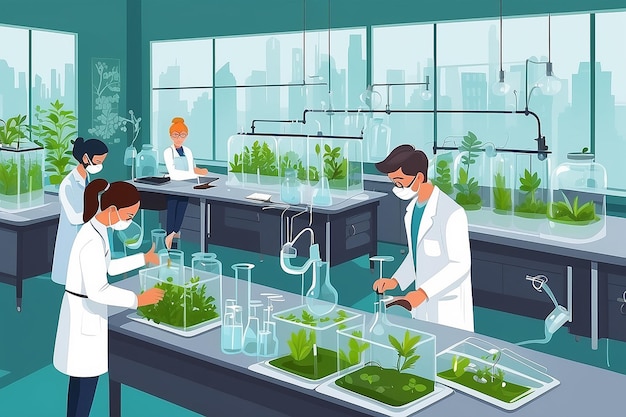 Ilustrar um laboratório de biologia com alunos conduzindo experiências sobre o impacto da poluição na vida vegetal Ilustração vetorial em estilo plano