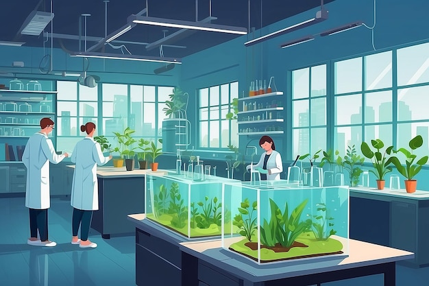 Ilustrar um laboratório de biologia com alunos conduzindo experiências sobre o impacto da poluição na vida vegetal Ilustração vetorial em estilo plano