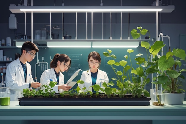 Ilustrar um laboratório de biologia com alunos estudando o ciclo de vida de plantas em sistemas hidropônicos ilustração vetorial em estilo plano