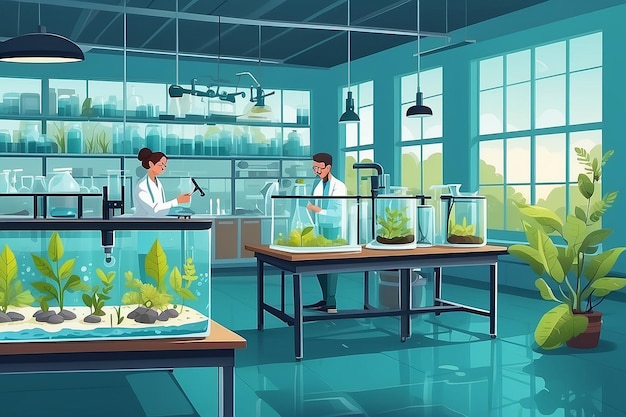 Ilustrar um laboratório de biologia com estudantes conduzindo experiências sobre o impacto da mudança climática na biodiversidade Ilustração vetorial em estilo plano