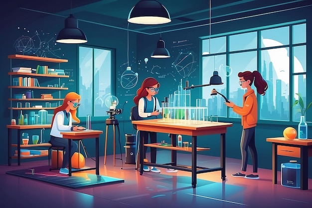 Ilustrar um laboratório de física com alunos experimentando com lentes de óptica e ilustração de vetor de refração de luz em estilo plano