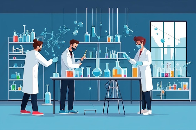 Ilustrar um laboratório de química com estudantes conduzindo experiências sobre as propriedades dos nanomateriais