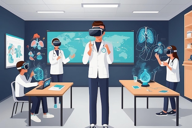 Foto ilustrar uma cena com alunos usando simulações de vr para explorar a ilustração vetorial do sistema respiratório humano em estilo plano