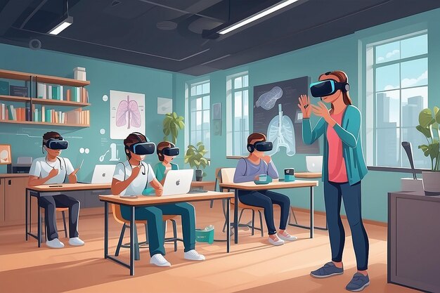 Foto ilustrar uma cena com alunos usando simulações de vr para explorar a ilustração vetorial do sistema respiratório humano em estilo plano