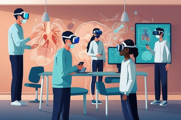 Foto ilustrar uma cena com alunos usando simulações de vr para explorar a ilustração vetorial do sistema respiratório humano em estilo plano