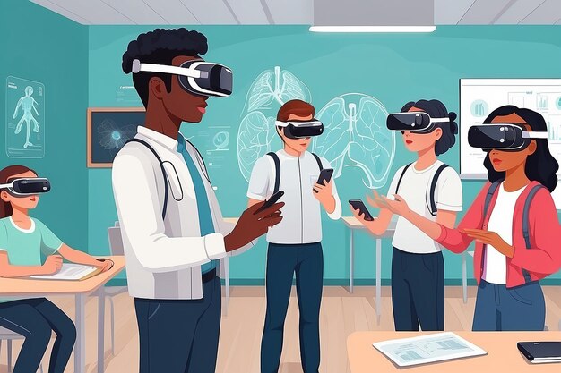 Foto ilustrar uma cena com alunos usando simulações de vr para explorar a ilustração vetorial do sistema respiratório humano em estilo plano