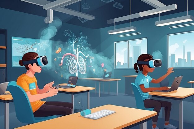 Foto ilustrar uma cena com alunos usando simulações de vr para explorar a ilustração vetorial do sistema respiratório humano em estilo plano