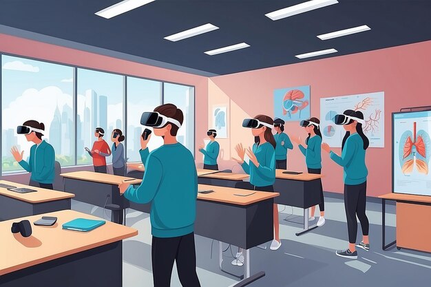 Foto ilustrar uma cena com alunos usando simulações de vr para explorar a ilustração vetorial do sistema respiratório humano em estilo plano