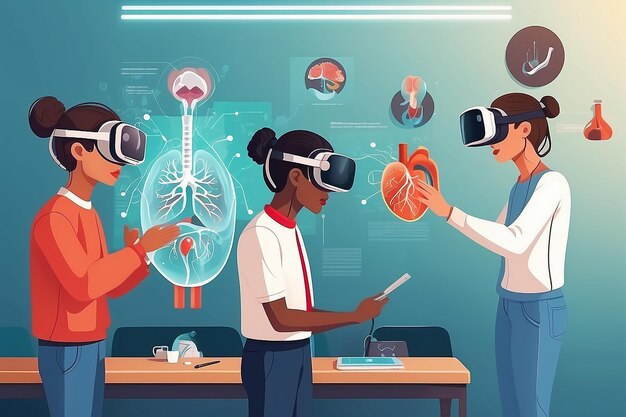 Foto ilustrar uma cena com alunos usando simulações de vr para explorar a ilustração vetorial do sistema respiratório humano em estilo plano