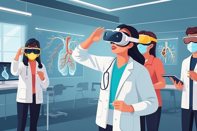 Foto ilustrar uma cena com alunos usando simulações de vr para explorar a ilustração vetorial do sistema respiratório humano em estilo plano