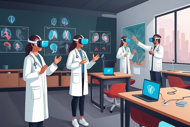 Foto ilustrar uma cena com alunos usando simulações de vr para explorar a ilustração vetorial do sistema respiratório humano em estilo plano