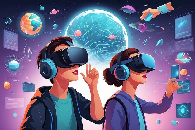 Ilustrar uma cena de alunos usando fones de ouvido de realidade virtual para simulações científicas imersivas ilustração vetorial em estilo plano