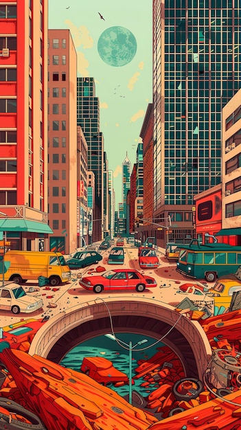 Foto ilustrar uma paisagem urbana pós-apocalíptica através de uma lente de olho de peixe