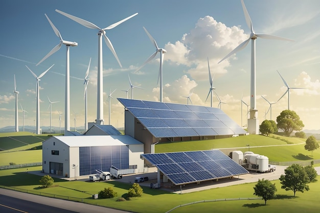 Ilustrar uma seção do laboratório focada em energias renováveis com painéis solares e turbinas eólicas Ilustração vetorial em estilo plano