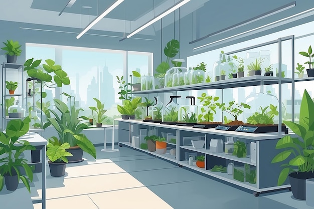 Ilustrar uma secção do laboratório dedicada a estudos ambientais com plantas e modelos ecológicos ilustração vetorial em experiências de estilo plano