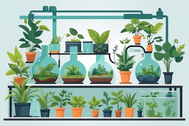 Ilustrar uma secção do laboratório dedicada a estudos ambientais com plantas e modelos ecológicos ilustração vetorial em experiências de estilo plano