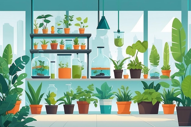 Ilustrar uma secção do laboratório dedicada a estudos ambientais com plantas e modelos ecológicos ilustração vetorial em experiências de estilo plano