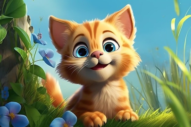 Ilustrasi digital 3D kucing lucu tersenyum di taman (ilustración digital en 3D de un gato muy pequeño y pequeño)