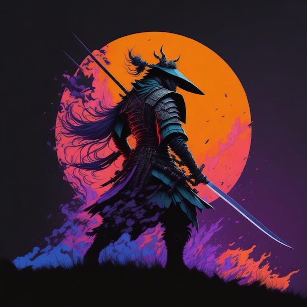 ilustrasi serigala vibe jepang samurai gelap silueta rojo y negro