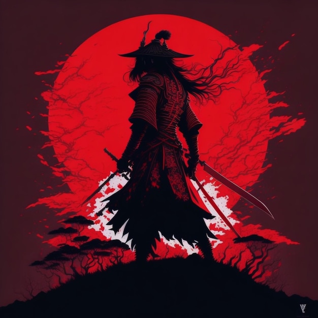 Foto ilustrasi serigala vibe jepang samurai gelap silueta rojo y negro