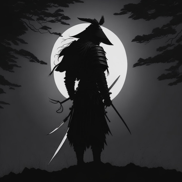 ilustrasi serigala vibe jepang samurai gelap silueta vermelho e preto