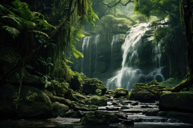 Ilustre a harmonia tranquila de uma cascata em meio a uma floresta densa