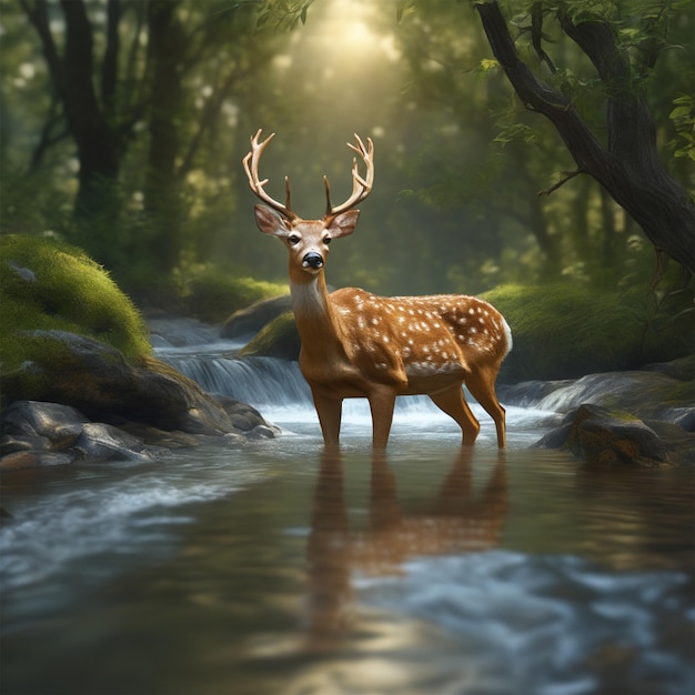 Ilustre o delicado equilíbrio da natureza com uma cena de um cervo bebendo graciosamente do riacho