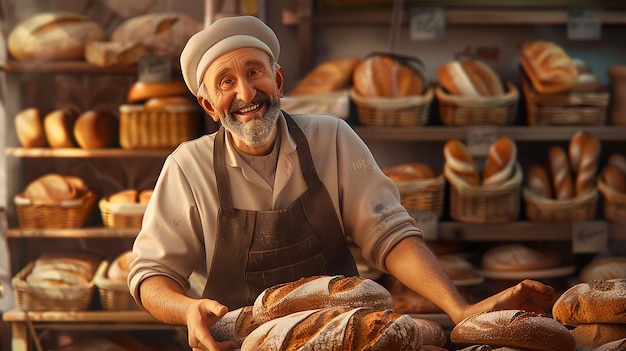 Ilustre o dono de uma padaria exibindo orgulhosamente bolos frescos