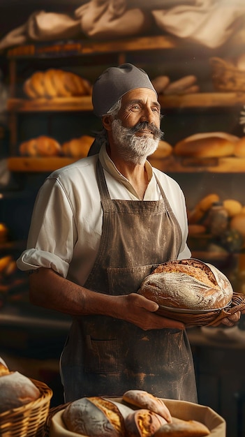 Ilustre o dono de uma padaria exibindo orgulhosamente bolos frescos