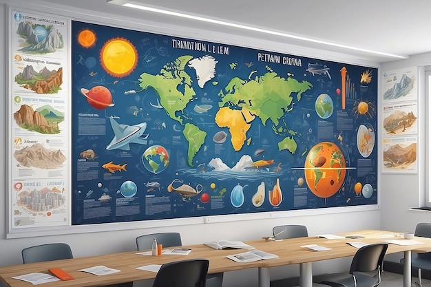 Ilustre una pared cubierta con carteles educativos relacionados con diferentes disciplinas científicas