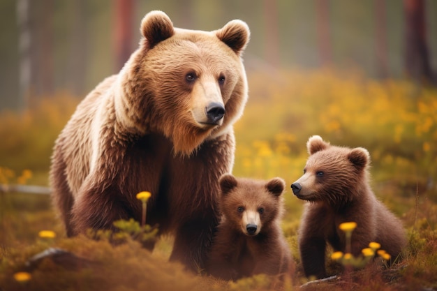 Foto ilustre la ternura entre una madre oso y sus juguetones cachorros