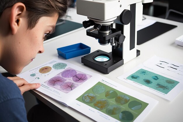Foto ilustre um close de um estudante ajustando um microscópio com slides científicos detalhados próximos