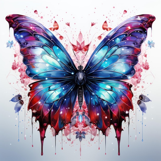 Ilustre uma borboleta mágica com asas brilhantes contra um fundo branco